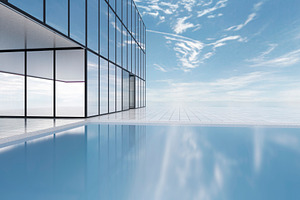 Modern glass building with pool and ocean horizon view, an Architecture Photo by RF Images