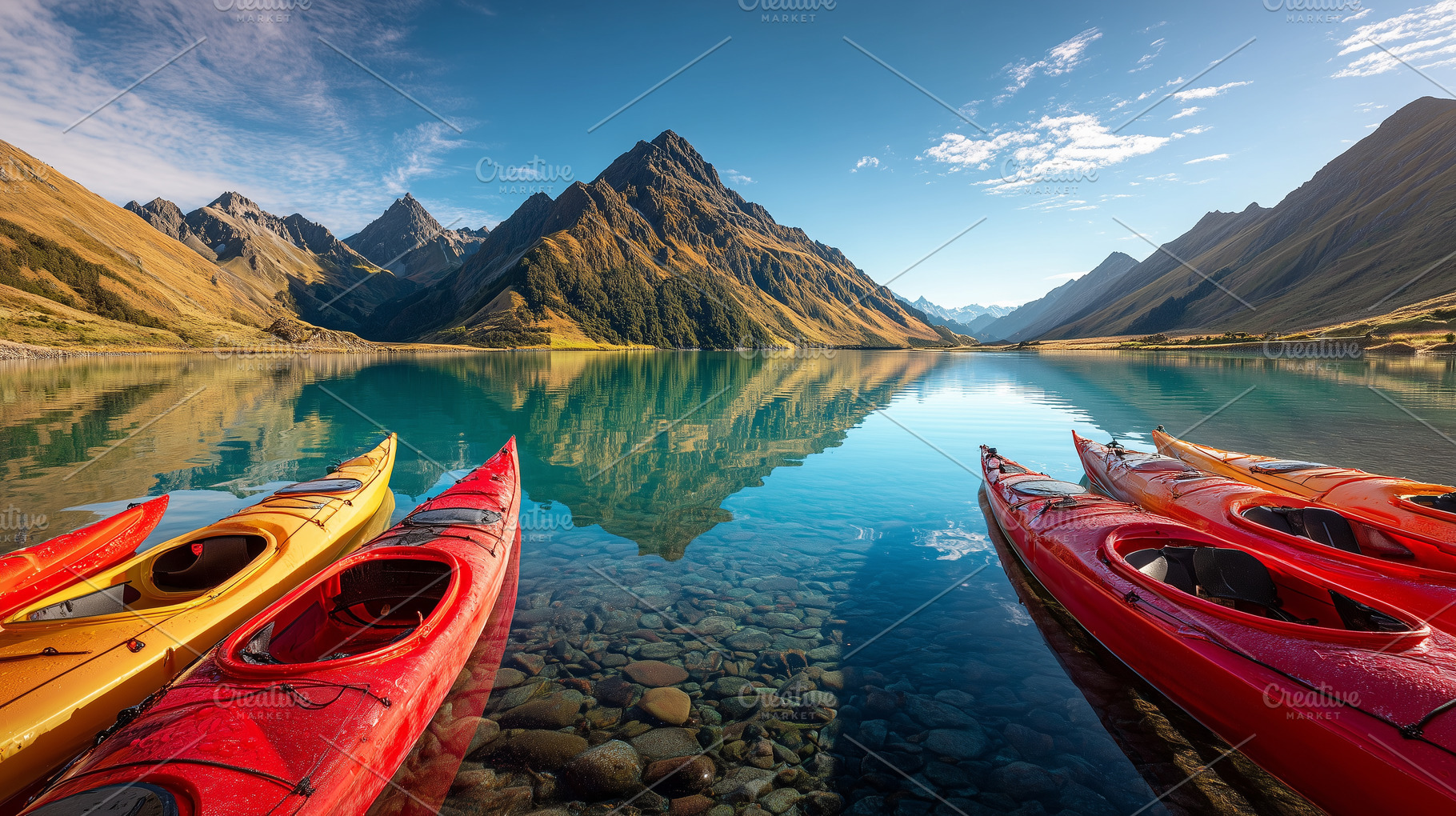 Colorful kayaks rest on the edge of, a Nature Photo by MistyDay