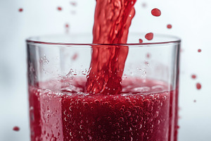 Refreshing red beverage splashing in, a Photo by Tanuart