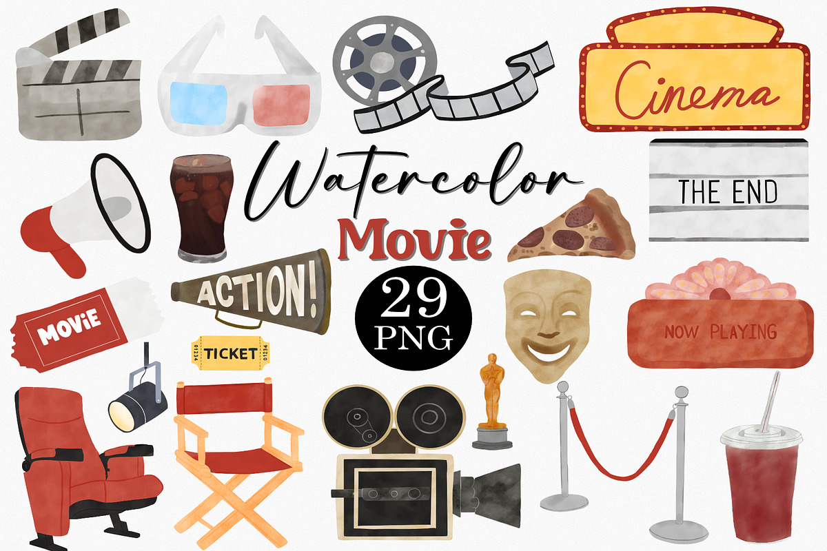 Watercolor Movie Clipart Set, an Illustration by CropUp Creative (Photo 1 of 4)