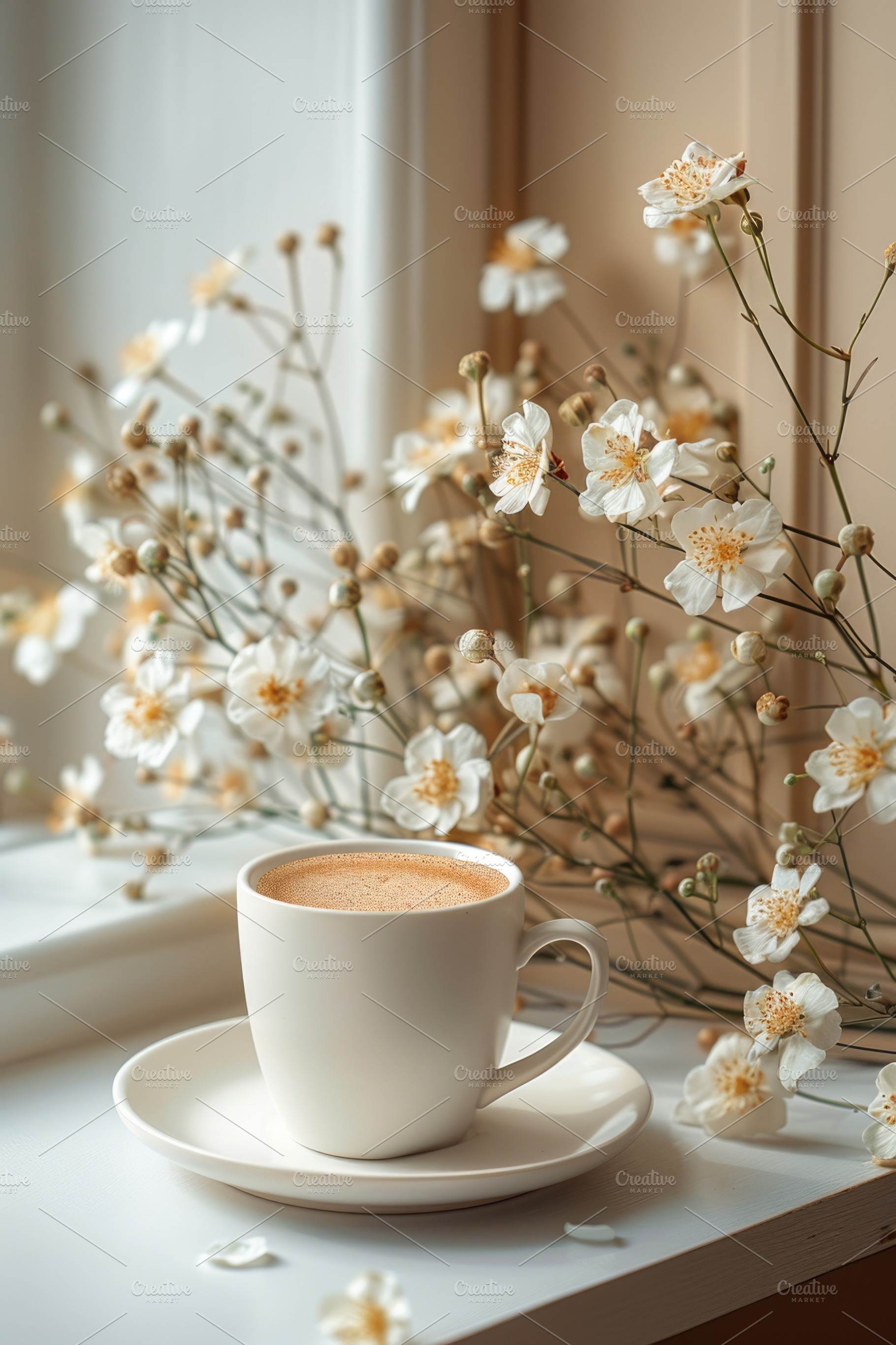 Coffee cup by window with delicate white flowers soft natural li, a Holiday Photo by José Manuel Gelpi