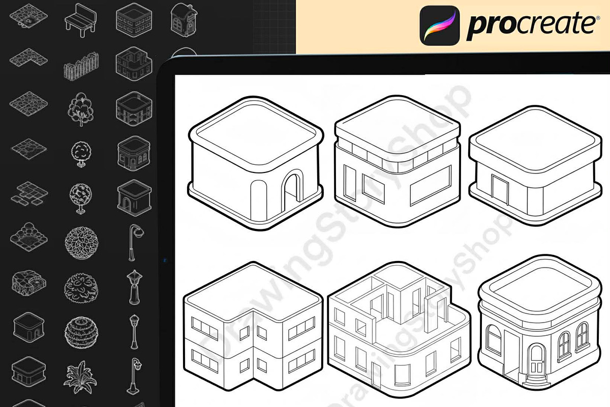 Procreate Isometric Buildings Stamp2, a Brush Add-On by DrawingStoryShop