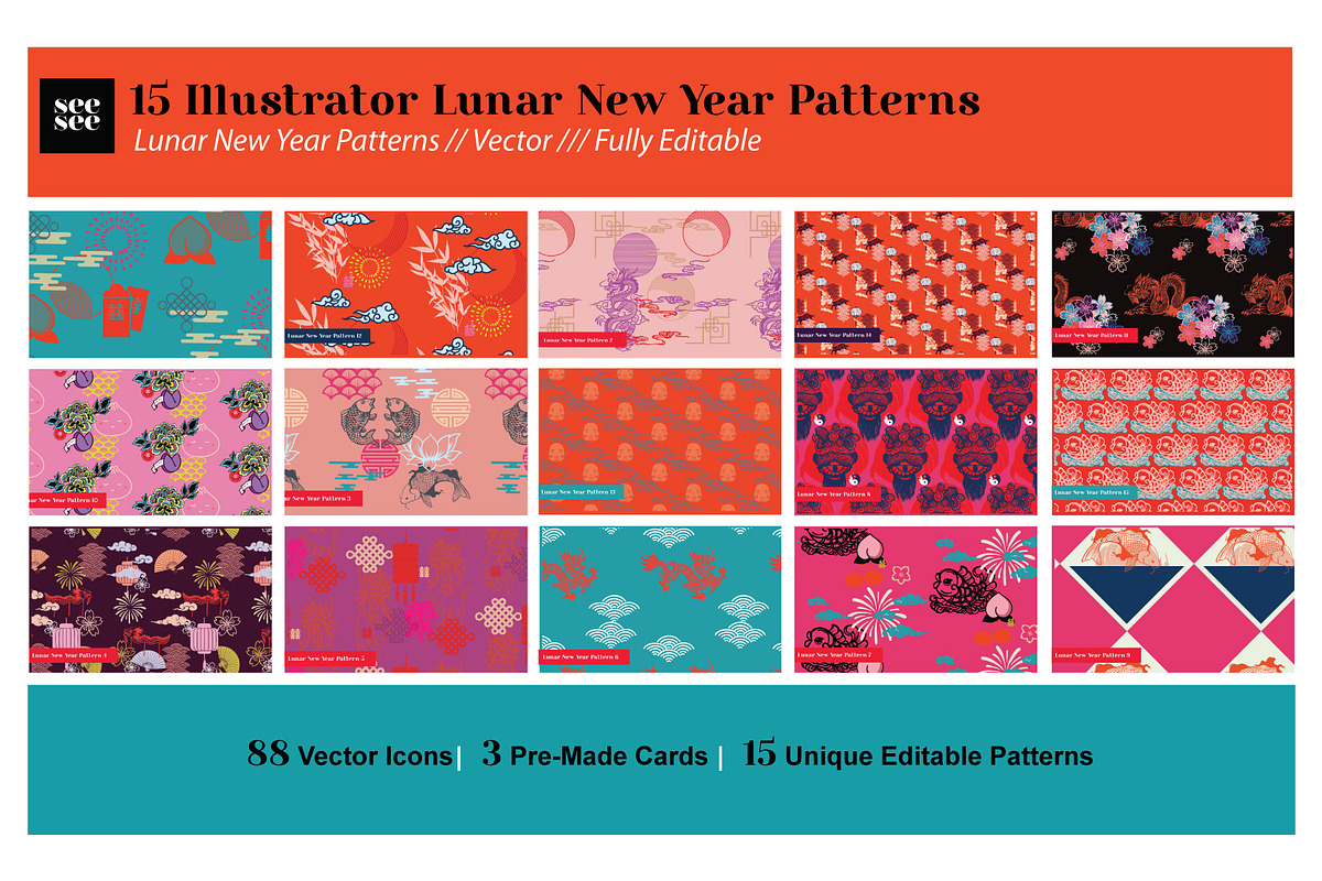 15 Vector Lunar New Year Patterns, a Pattern Graphic by CC CREATIVE CO (Photo 1 of 23)