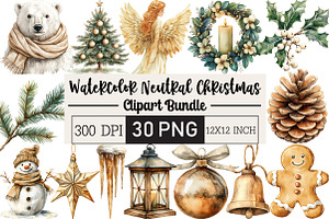 Watercolor Neutral Christmas Clipart, an Illustration by Black Bird Studio