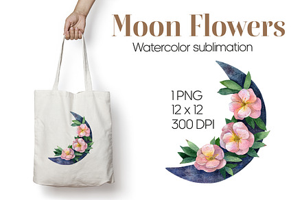 Watercolor moon flowers sublimation
