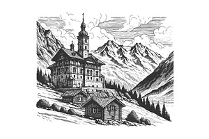 Mountain Monastery engraving vector, an Object Illustration by AlexArt
