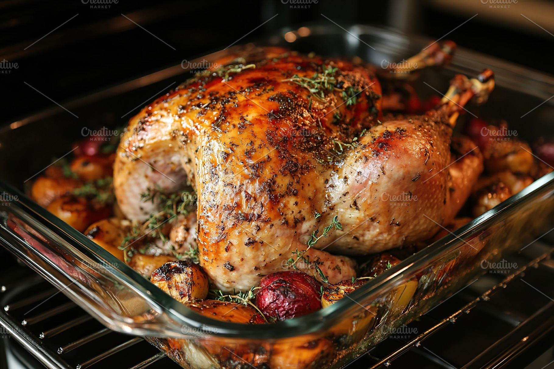 Cooking roasted turkey on tray in the oven. Thanksgiving day, a Food & Drink Photo by AlyaAnd