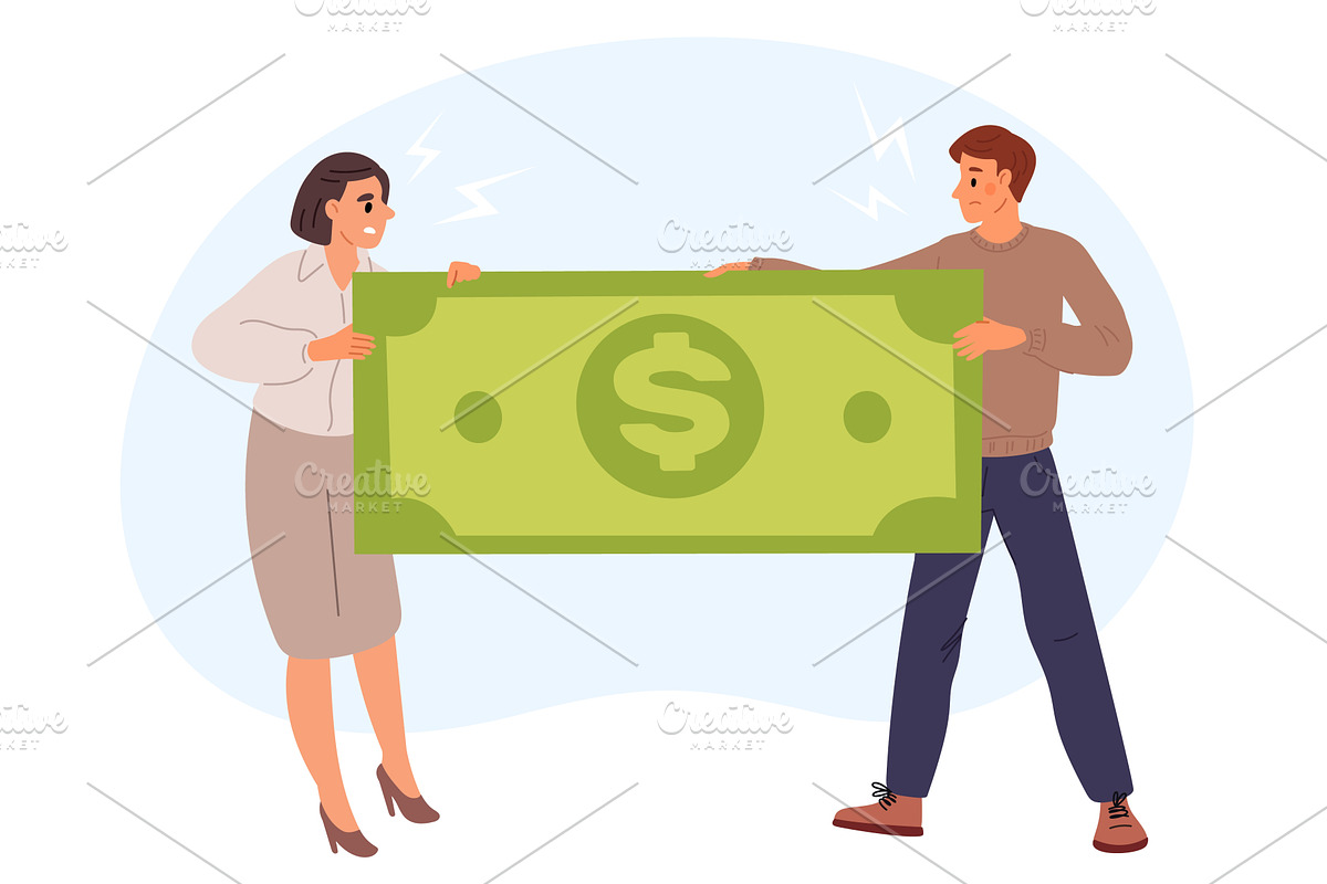Angry husband and wife pull money in, a Finance Illustration by Vectorbuum