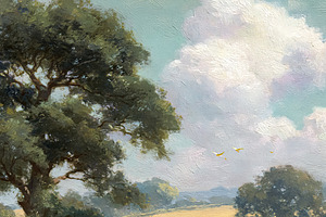 Golden wheat field landscape painting with fluffy clouds and old, a Decorative Illustration by Studio ANNA