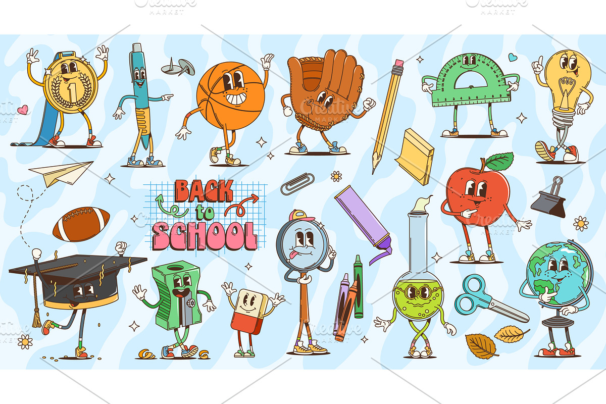 Retro groovy school characters, an Education Illustration by Vector ...