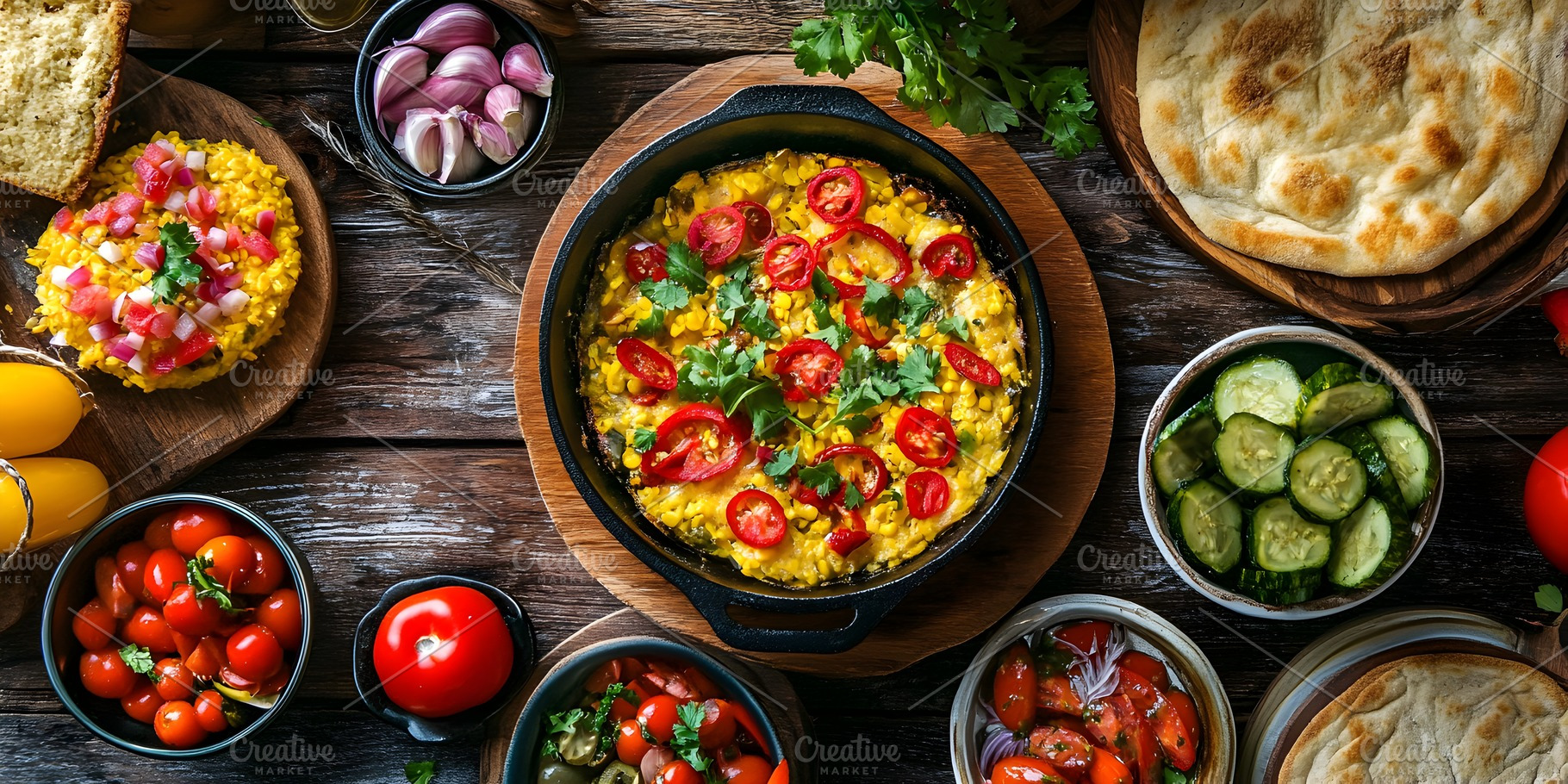 Corn and tomato skillet with fresh vegetable sides, a Food & Drink Photo by Photostock