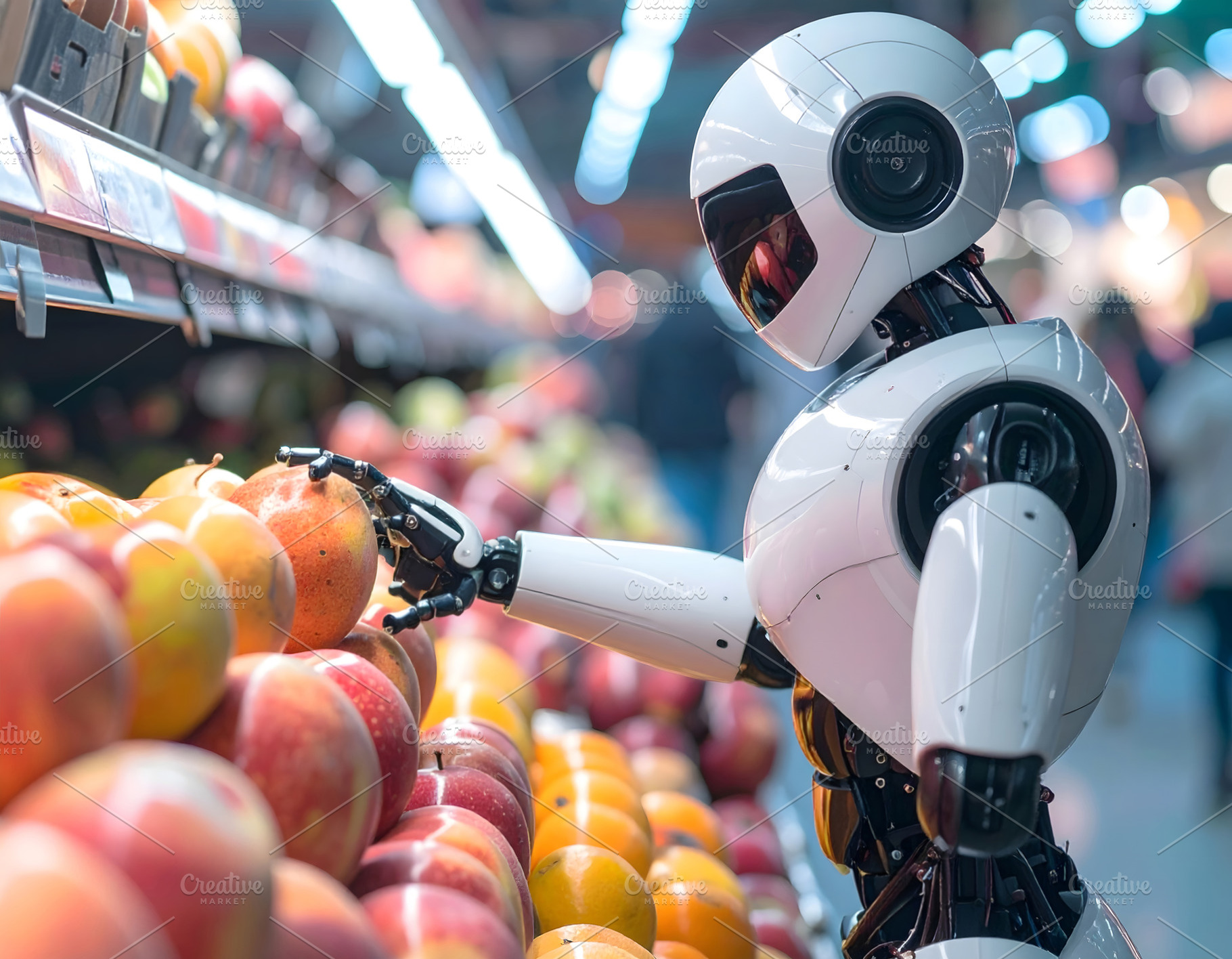 Android robot examining a pear in futuristic grocery shopping sc, a Technology Photo by GoodGoods