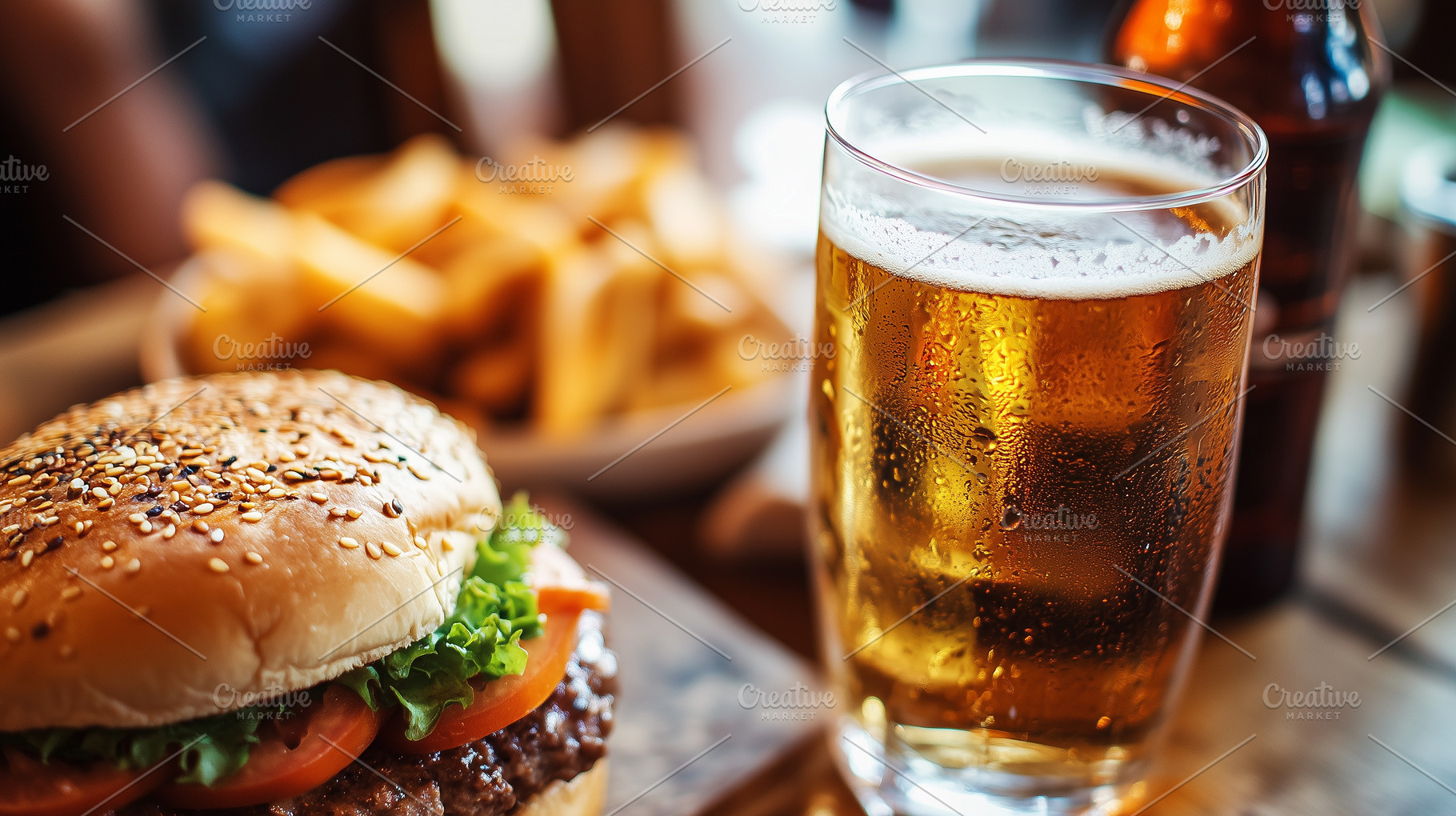 Glass of beer, burger and plate full, a Food & Drink Photo by MistyDay