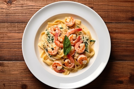 Italian pasta with creamy sauce and shrimp on plate. Generative aI, a Food & Drink Photo by AlyaAnd