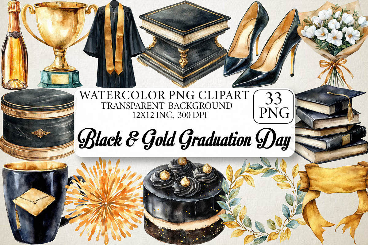 Watercolor Black & Gold Graduation D, an Illustration by DreamPrint404 (Photo 1 of 7)