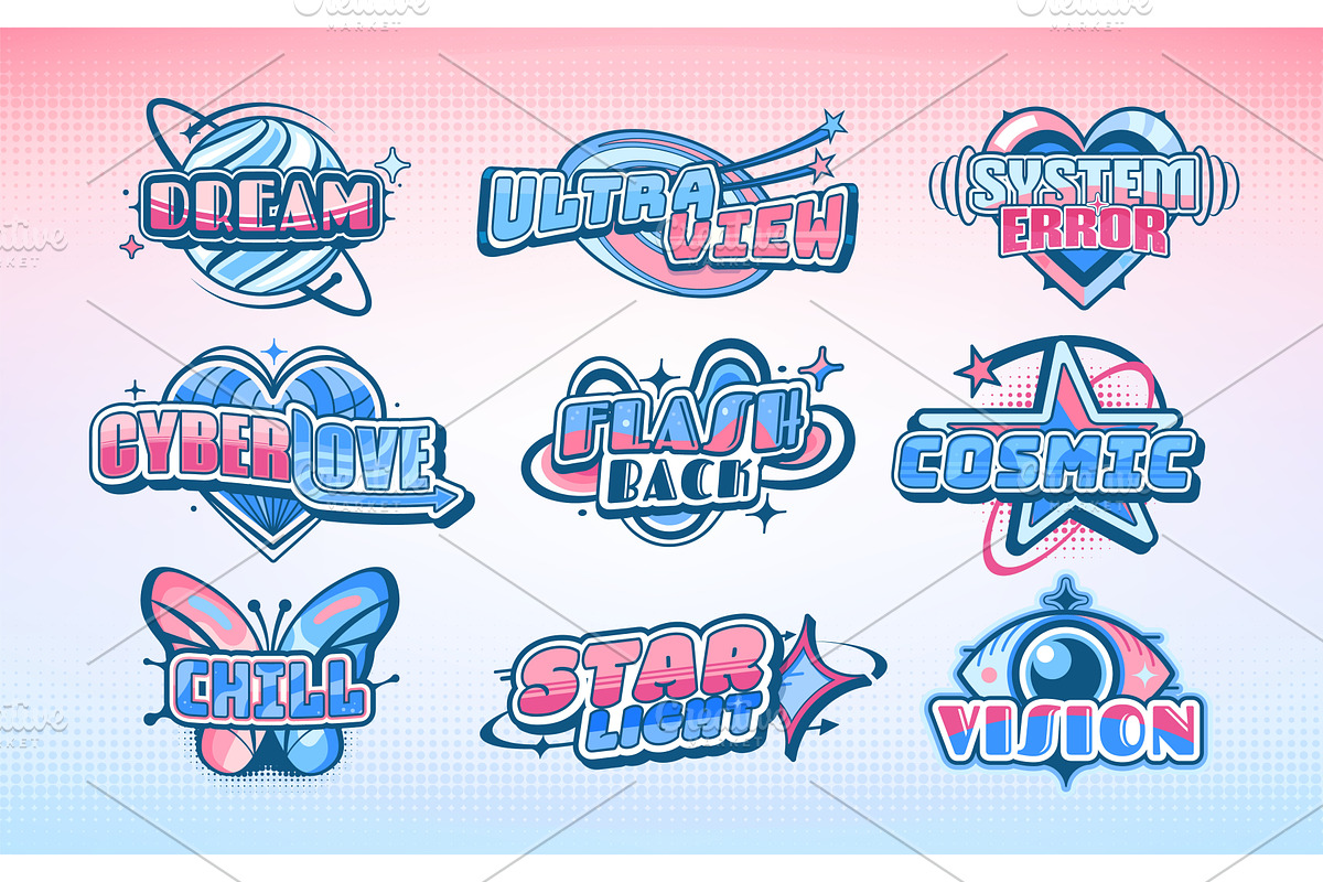 Y2k icons of stars, planet, hearts, an Object Illustration by Vector Tradition