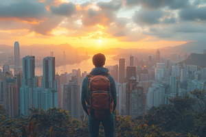 A young Asian man gazes at a stunning sunset over the skyline of, a Person Photo by ImageMir