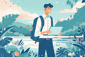Man working remotely on laptop amidst scenic tropical outdoor environment, an Illustration by AS photostudio