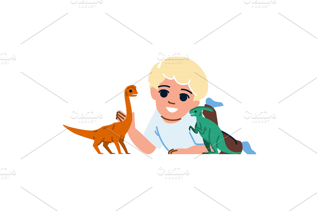 Blond boy playing with toy dinosaurs, an Education Illustration by pikepicture