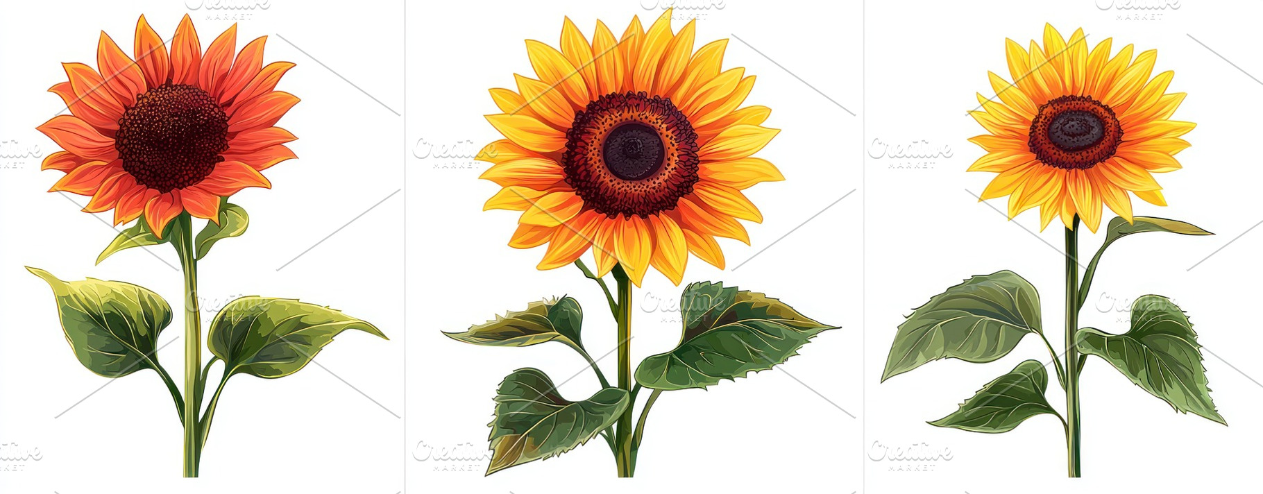Three colorful sunflowers with detailed petals and green leaves, a Nature Photo by José Manuel Gelpi