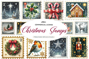 Vintage Christmas Postage Stamps PNG, an Illustration by CreationArt