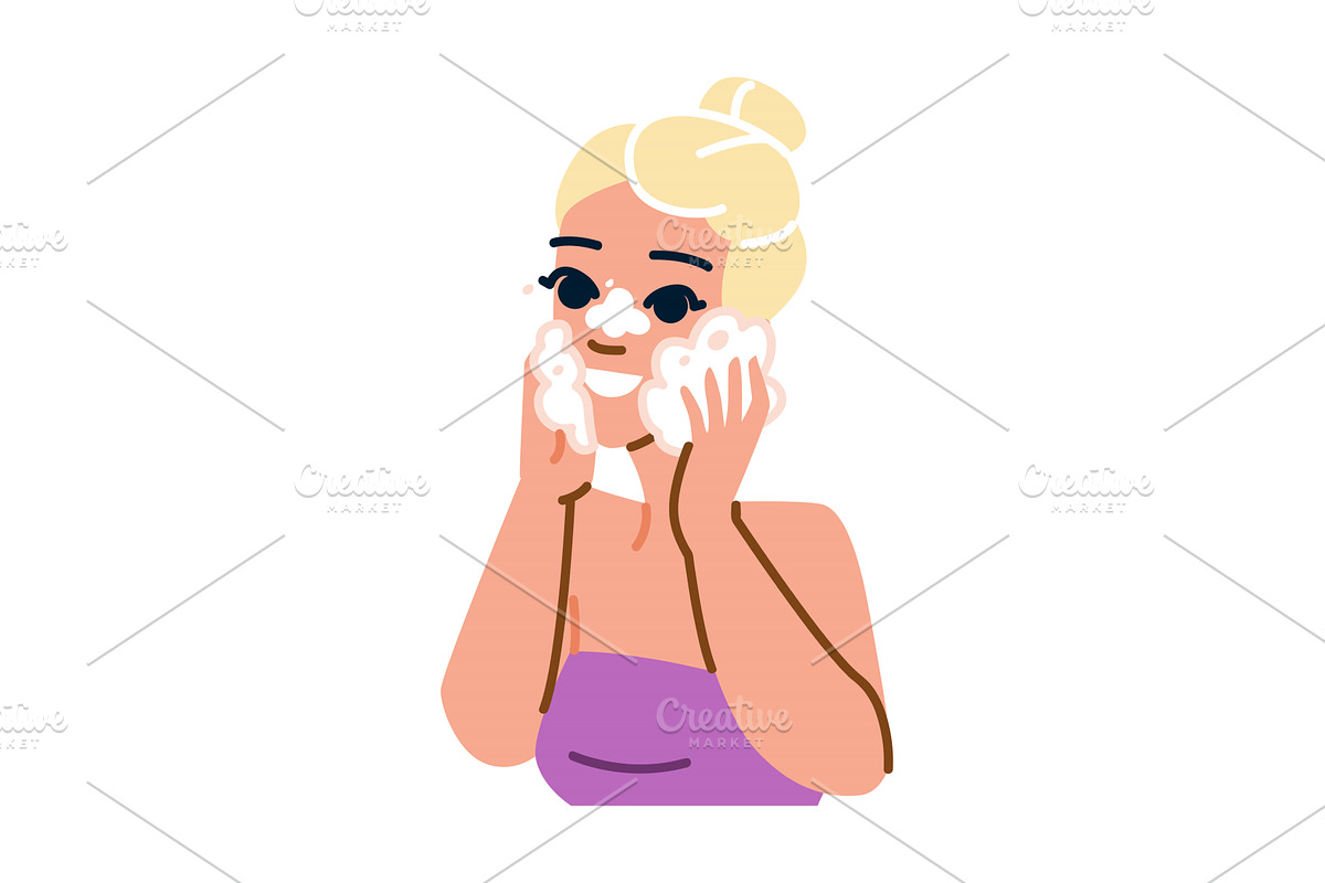 Smiling woman washing face with soap, an Object Illustration by pikepicture