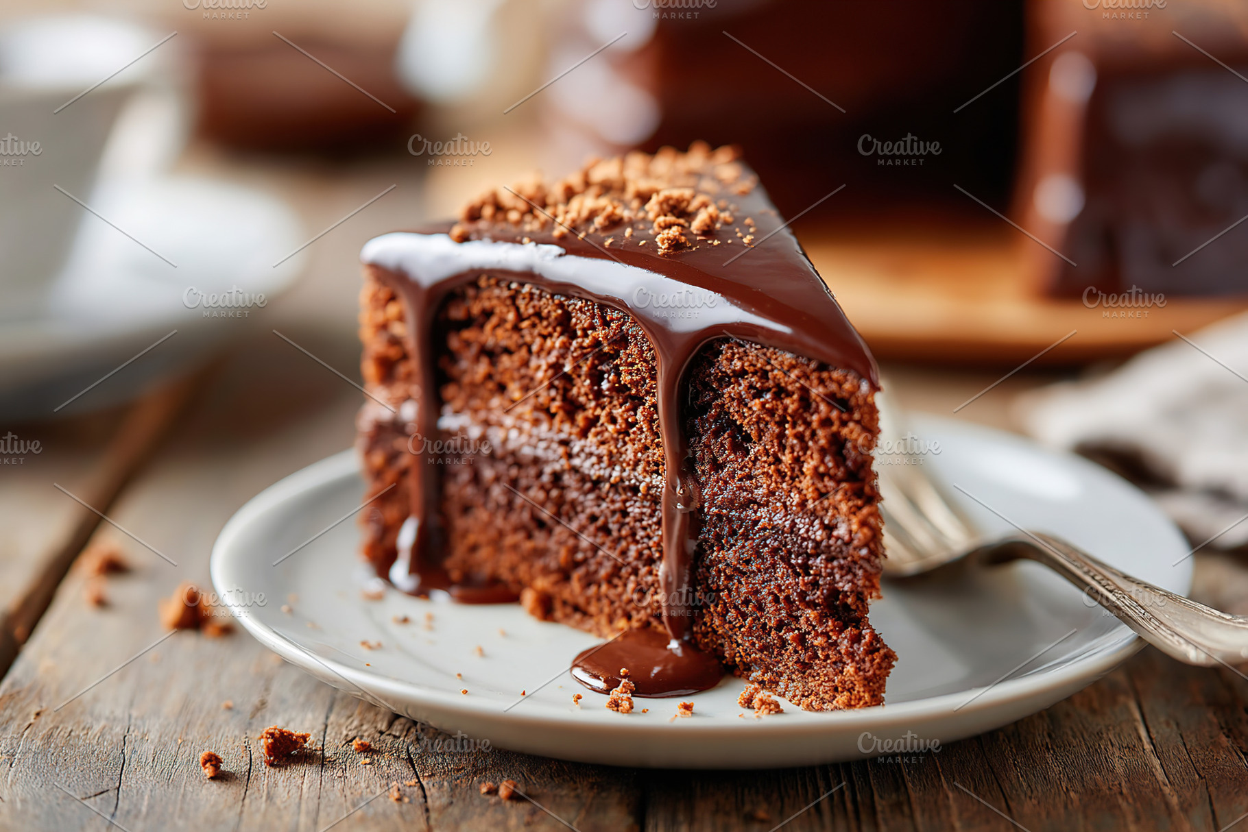 Delicious chocolate cake slice on a white plate with a fork in a cozy setting, a Food & Drink Photo by AlyaAnd