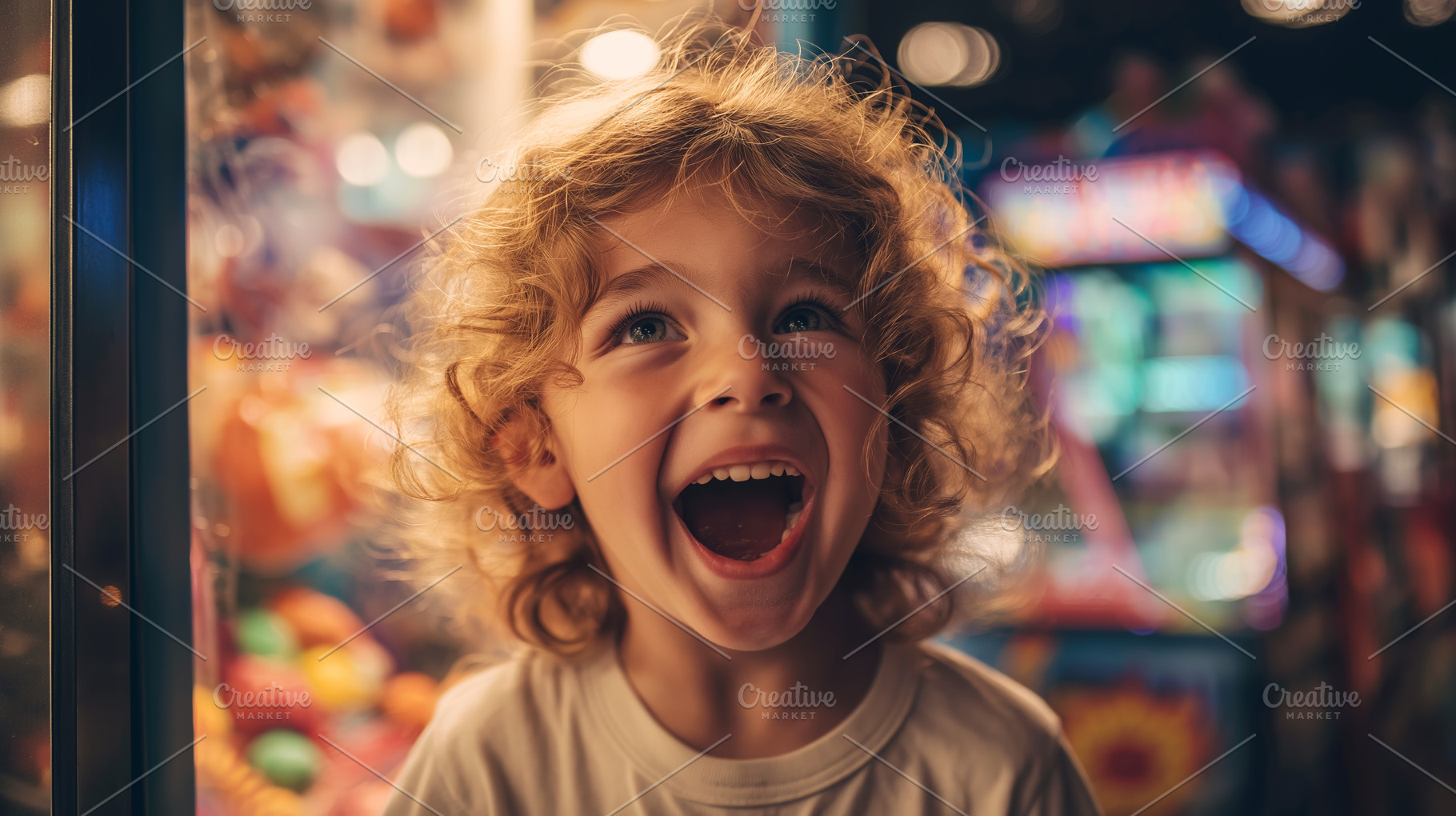Joyful Child in Vibrant Arcade: Capturing the Pure Delight and Wonder of Childh, a Person Photo by Ocean Digital Art