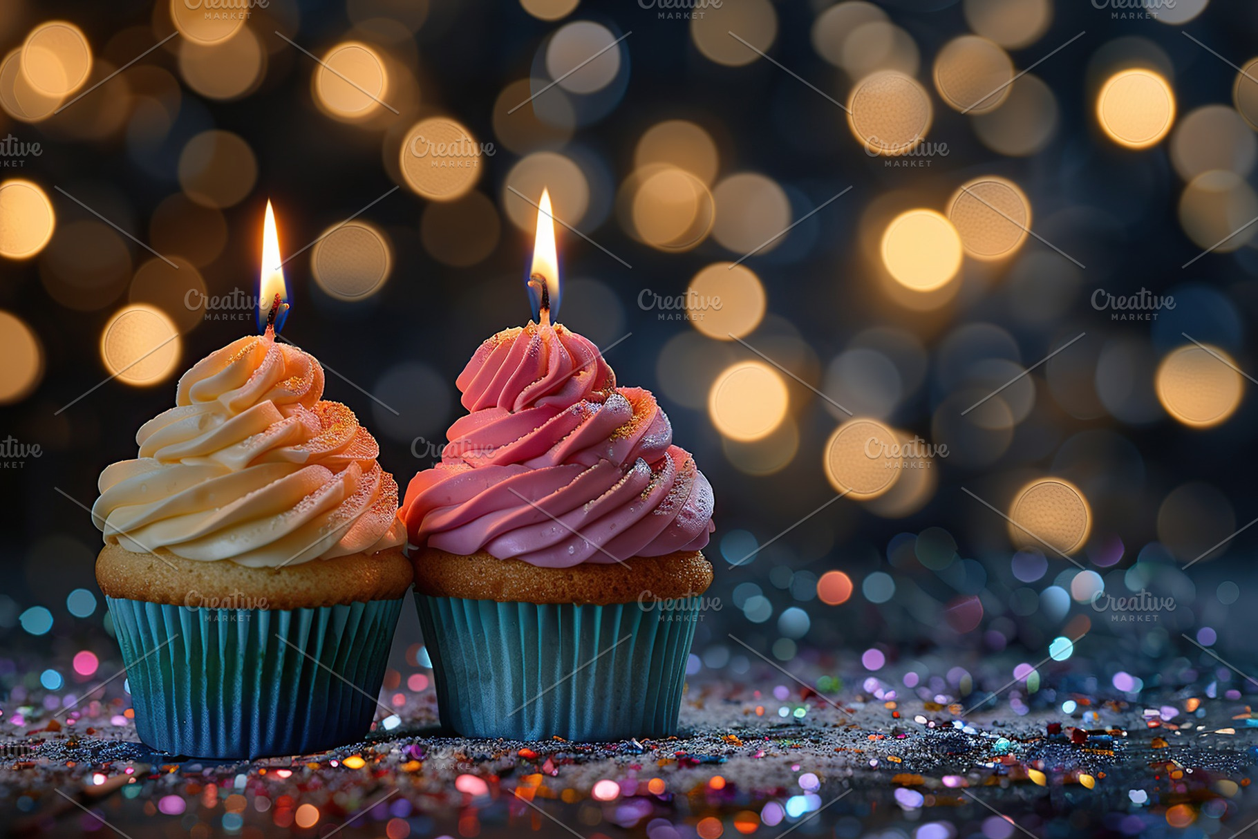 Sweet cupcakes with whipped cream and candles on blurred lights background, a Food & Drink Photo by AlyaAnd