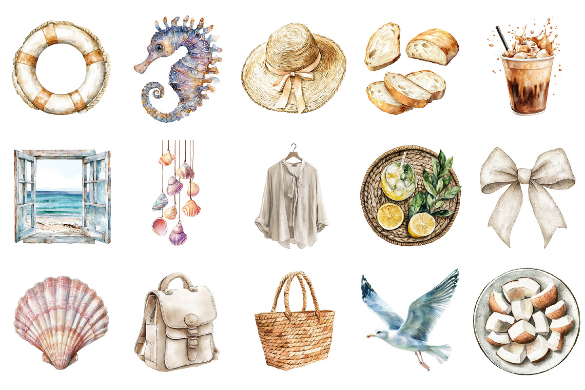 Watercolor Coastal Summer Clipart, an Illustration by Design Market (Photo 3 of 5)