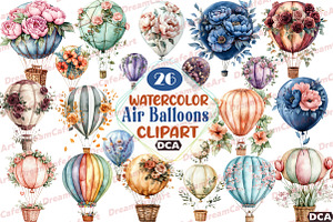 Floral Hot Air Balloons Clipart, an Illustration by DreamCafeArt