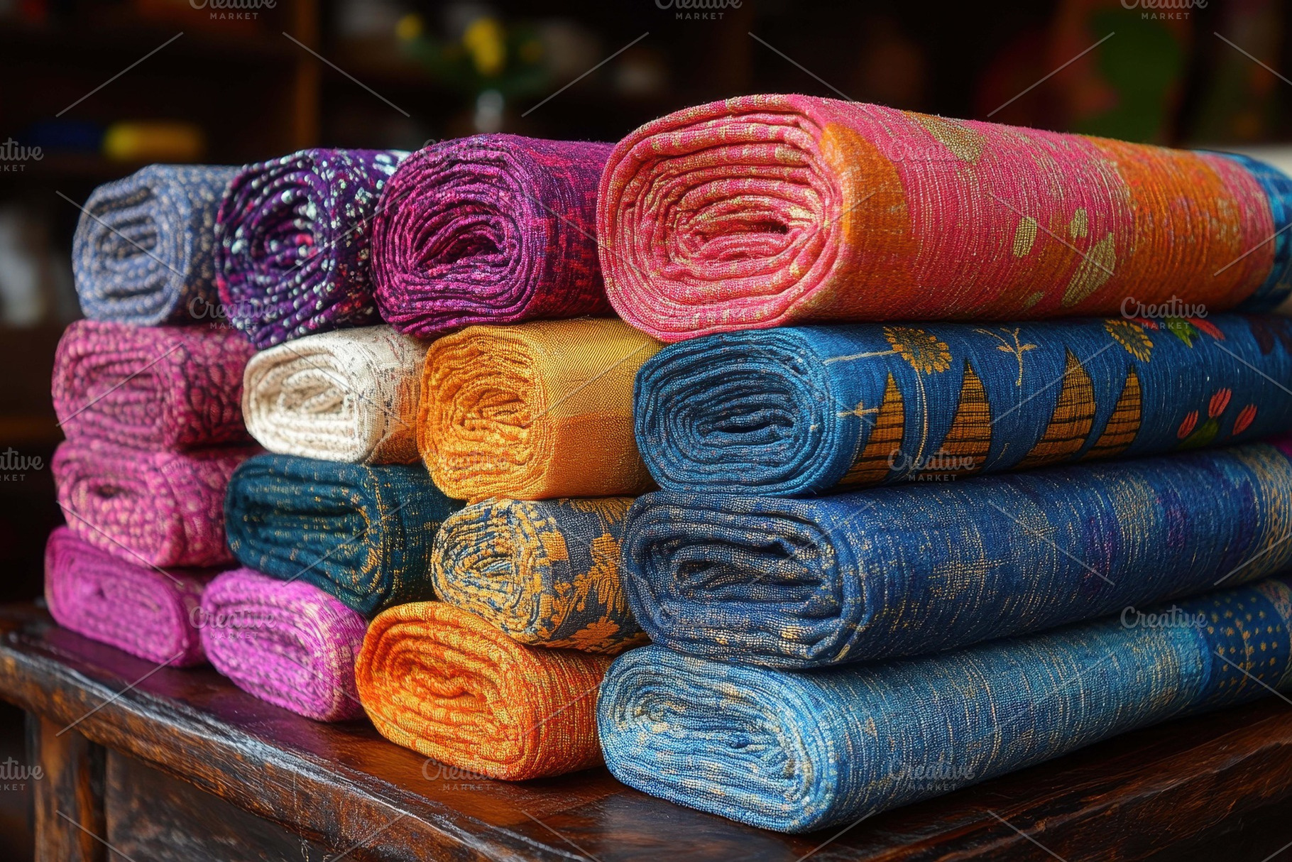 Colorful rolled textiles displayed o, a Photo by Tanuart