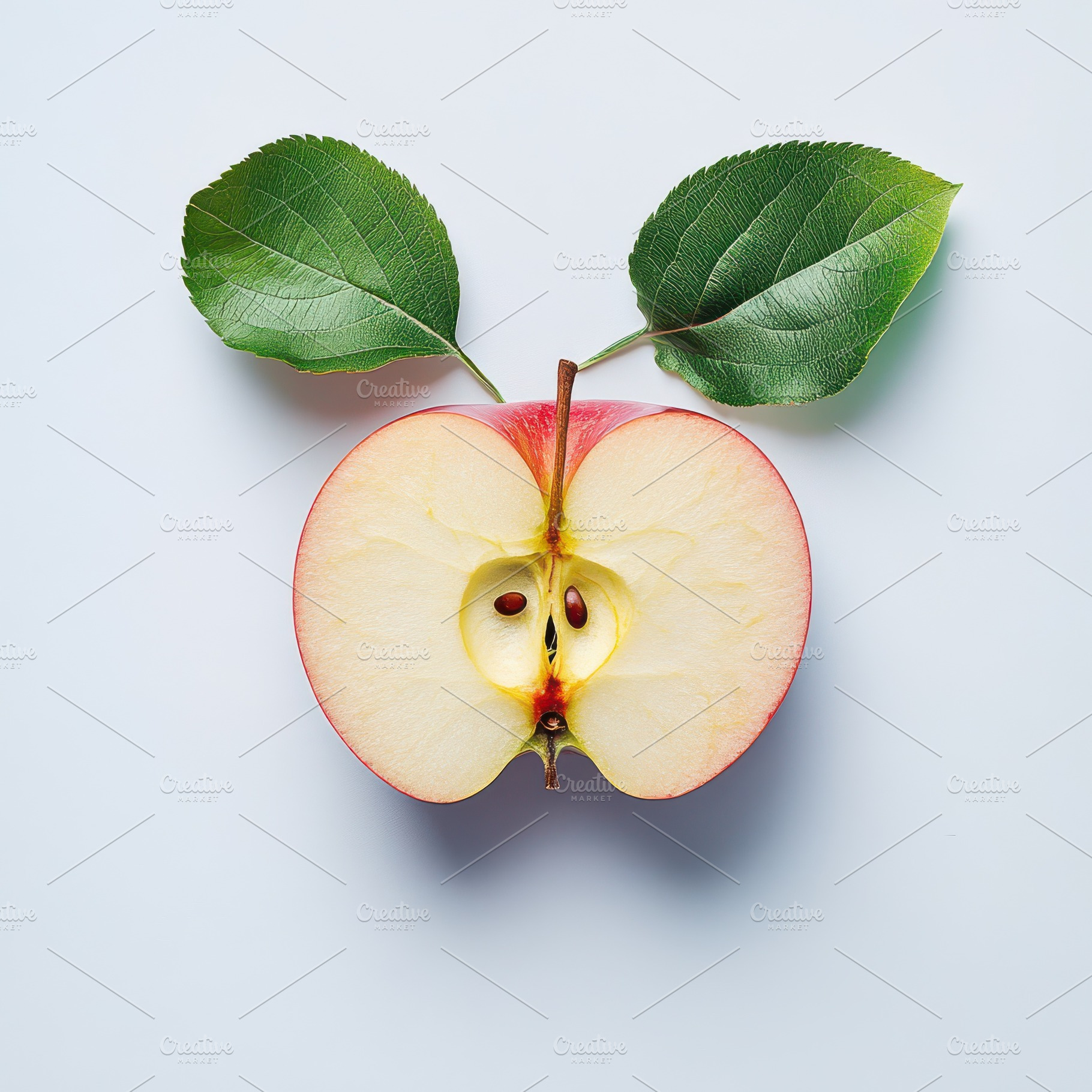 Red apple with half and green leaf i, a Business Photo by Pixeness Studio