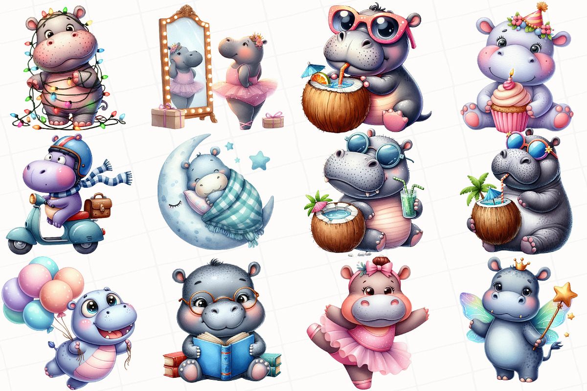 Watercolor Cute Hippo Clipart, an Illustration by OK Design (Photo 2 of 5)