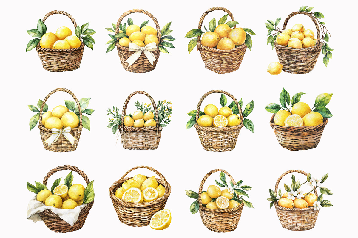 Watercolor Lemons Basket Clipart, an Illustration by Design Market (Photo 2 of 4)