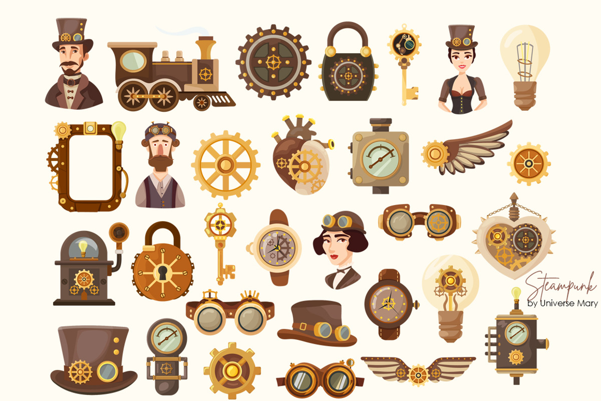 Steampunk Vector Clipart Set, a Technology Illustration by Universe Mary (Photo 3 of 8)