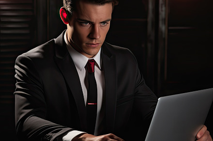 Young business man using laptop on o, a Photo by SaroStock