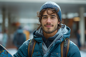 A young Hispanic male snowboarder smiles brightly in the snow, showcasing his w, a Person Photo by ImageMir