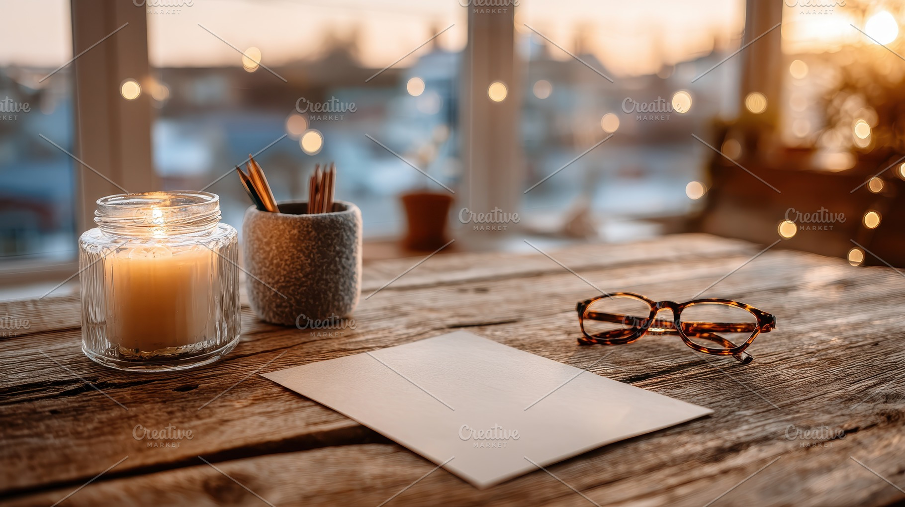 Cozy workspace candle pencils paper, a Photo by Pixeness Studio