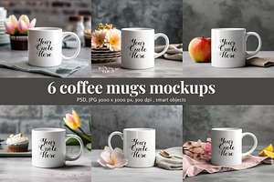 6 Mugs on a Table - Mockups, Smart