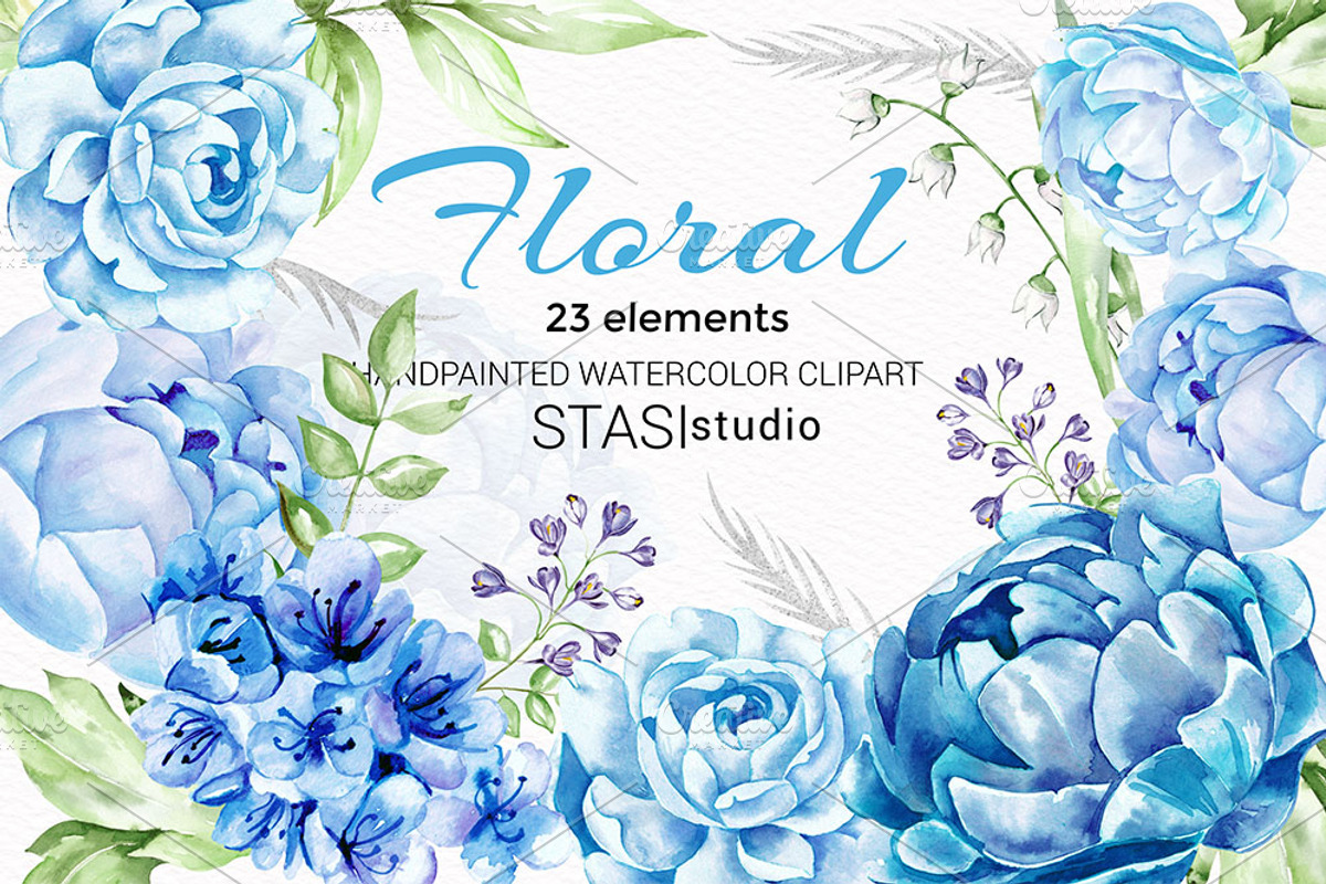 Blue Floral Watercolor Elements, a Decorative Illustration by STASIstudio (Photo 1 of 3)