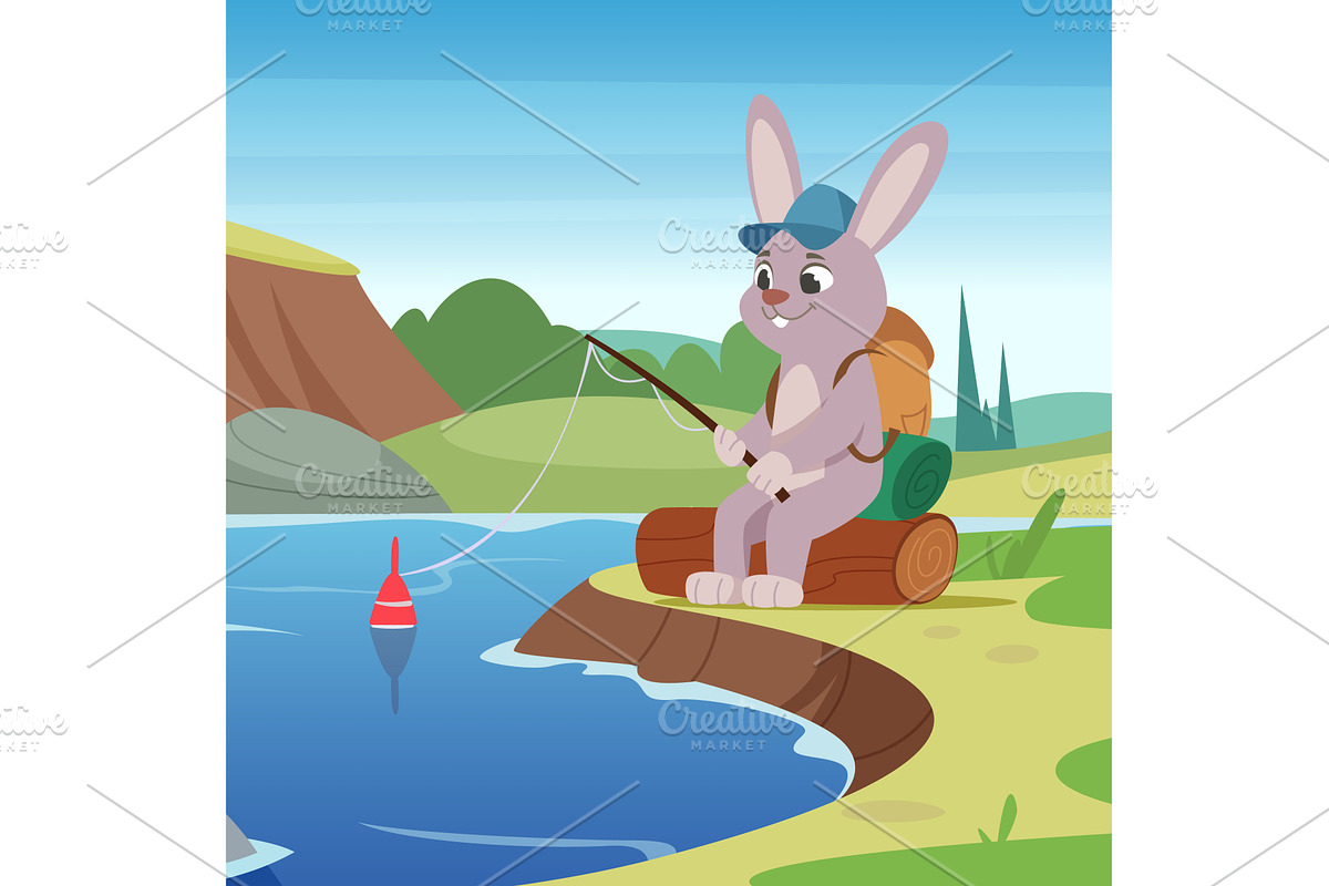 Fishing. rabbit outdoor fishing in, an Animal Illustration by Onyx