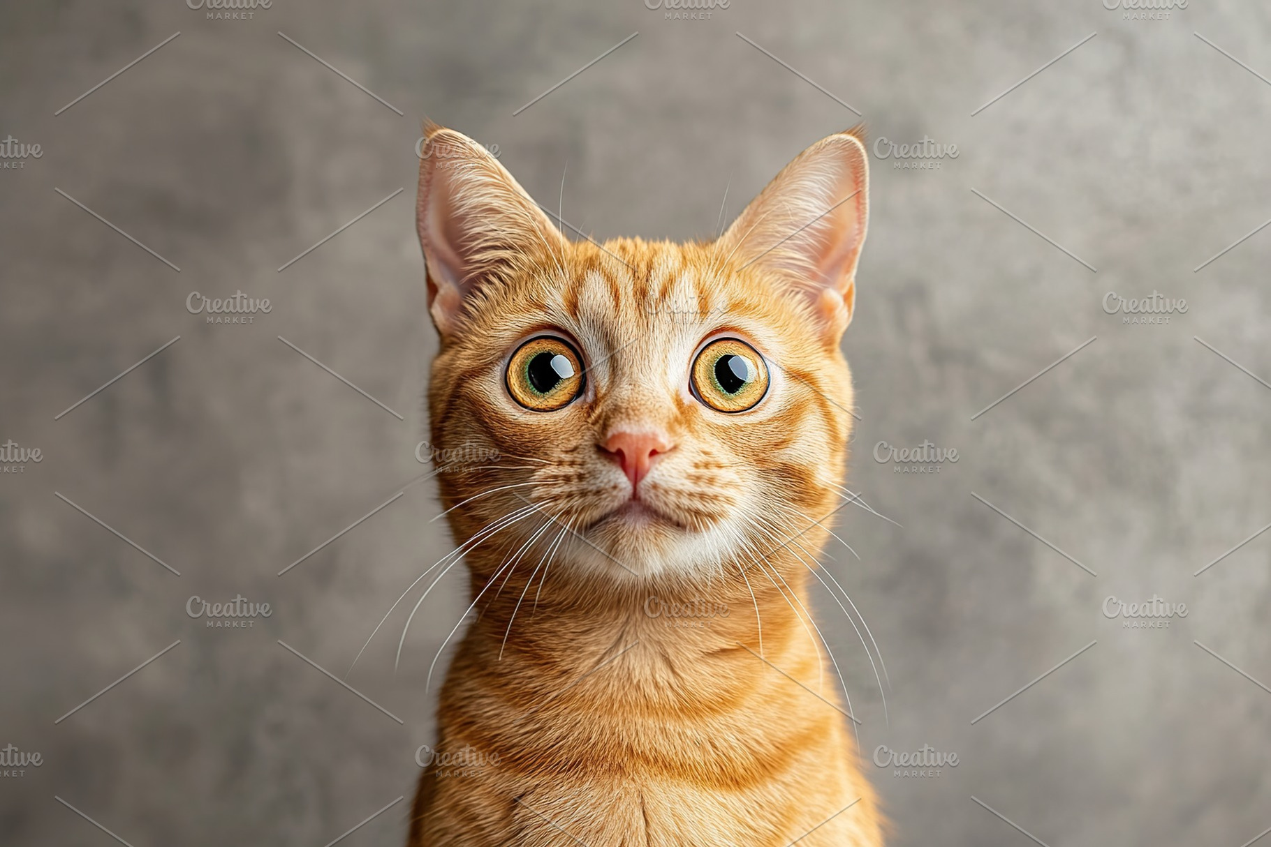 Ginger cat with big surprised eyes on grey background, an Animal Photo by AlyaAnd