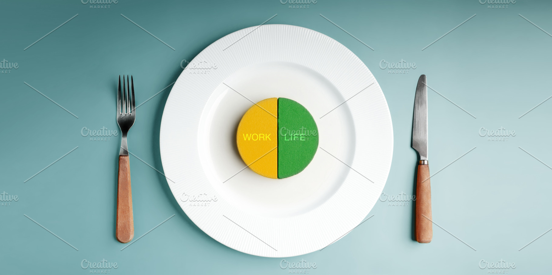 White plate divides WORK and LIFE into two colored halves, symbo, a Photo by salmon.black