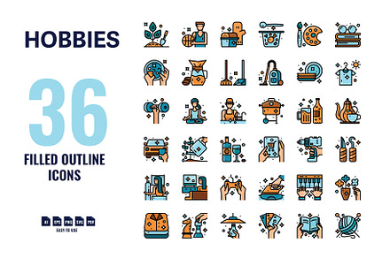 36 Hobbies Filled Outline Icons