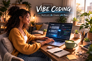 Coding lesson scene with woman using laptop in cozy home setting, a Photo by Dvoevnore photos