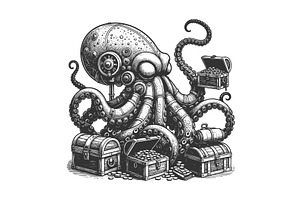 Steampunk octopus guarding treasure, an Animal Illustration by AlexArt