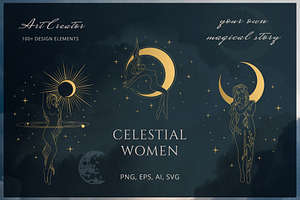 Hand drawn Celestial Women Line Art