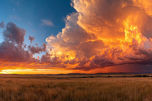 Vibrant sunset panorama over grassy landscape, a Nature Photo by AlyaAnd