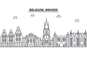 Belgium, Bruges Architecture Line Skyline Illustration. Linear Vector Cityscape With Famous Landmarks, City Sights, Design Icons. Landscape Wtih Edita